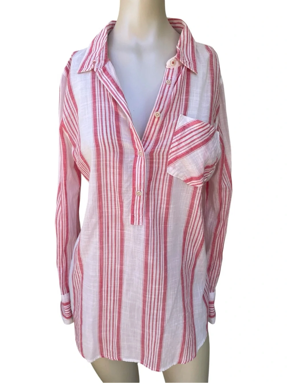 Merona Women's Pink Striped Long Sleeve Tunic Blouse – Size XL